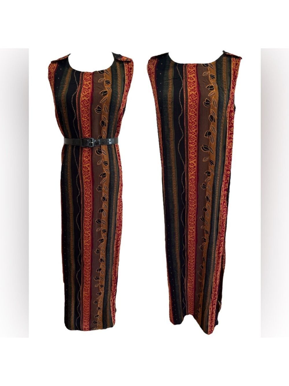 90s SAG HARBOR BLACK & BROWN FLORAL & LEAF STRIPE SLEEVELESS MAXI DRESS SZ XL